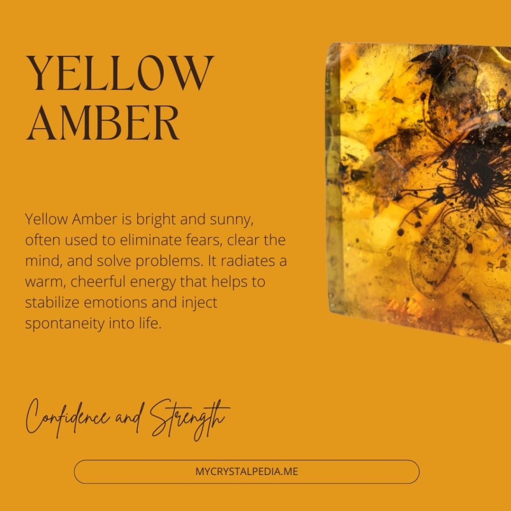 a Meaning Card of yellow Amber with yellow square Amber with a flower in it 